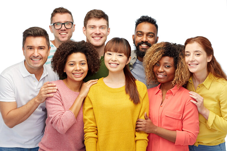 International group of happy smiling people with different skin types
