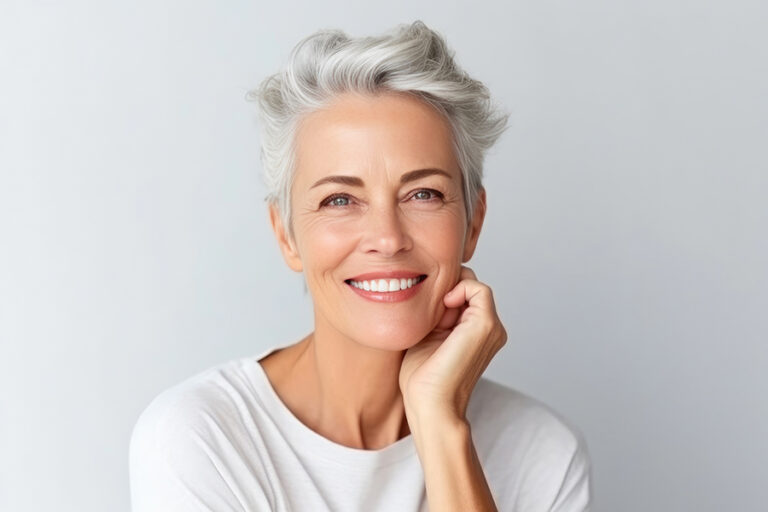 Smiling woman with crow's feet around her eyes