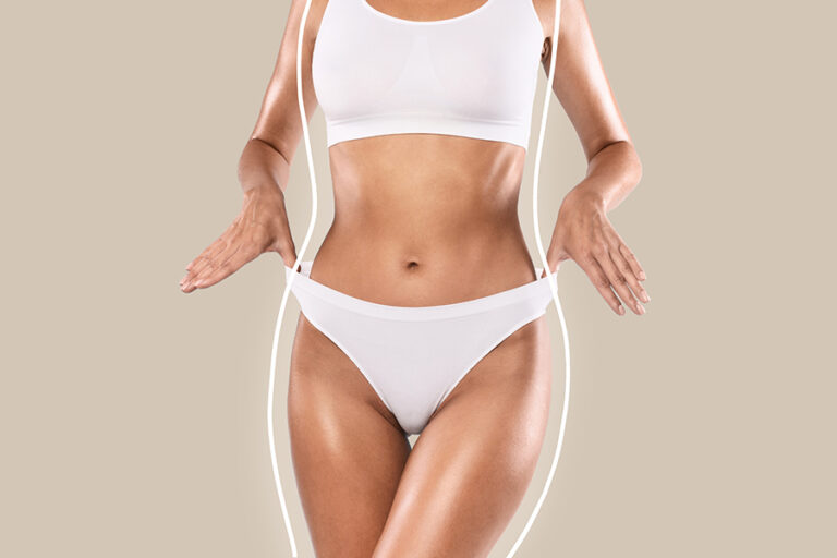 Female model wearing white underclothings for weightloss concept