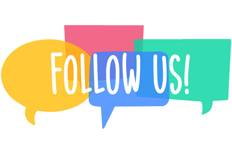Follow us banner poster, text on bright speech bubbles label