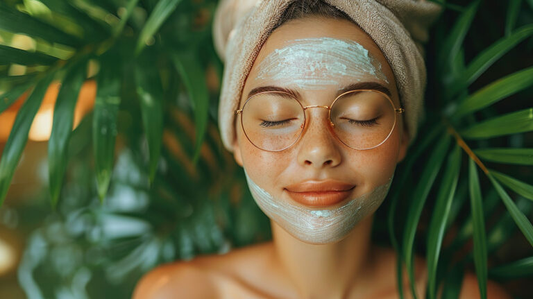 Woman with a serene expression enjoying a facial mask treatment