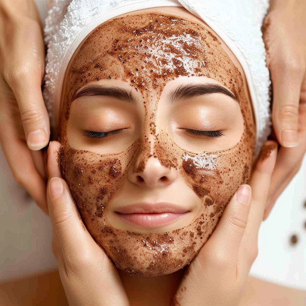 Woman Receiving A Coffee Face Scrub.